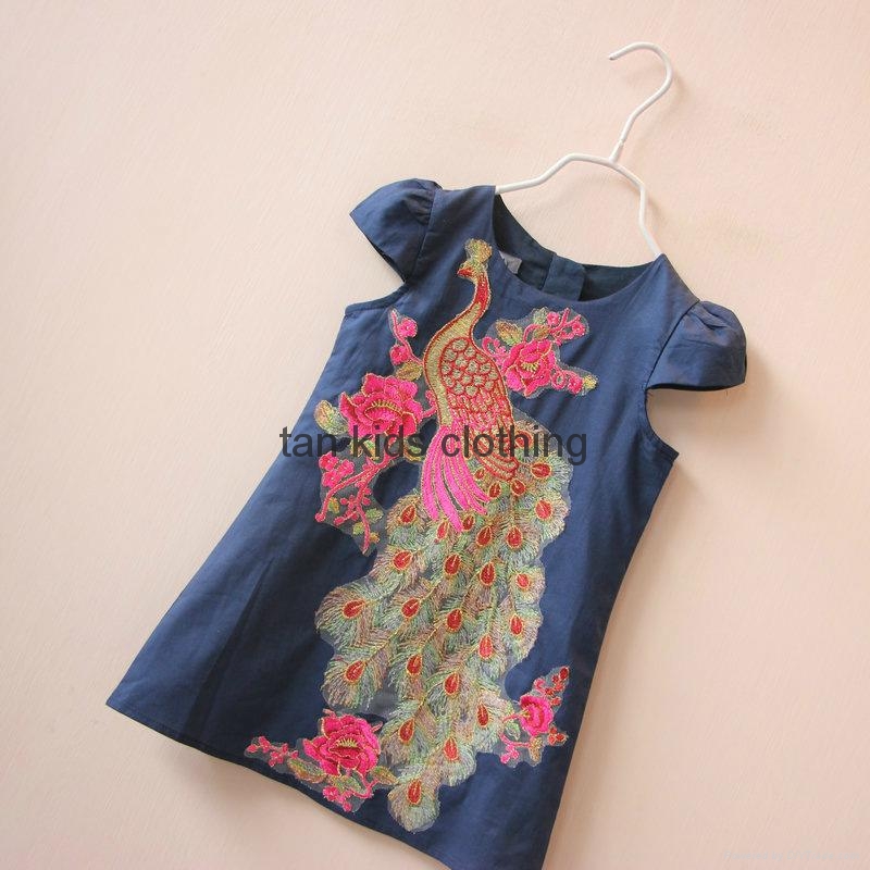 Angou New Arrival summer girls dress Peacock Embroidery dress Wholesale  5