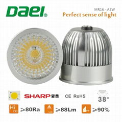 New design led mr16 spot light COB 5W SHARP LEDS CRI>80Ra 5years warranty