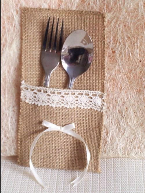 Rustic Wedding Burlap Ribbon Silverware Holder Pocket/ wedding Cutlery Pocket  3