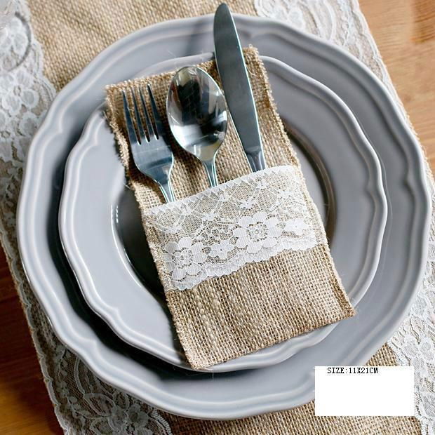 Rustic Wedding Burlap Ribbon Silverware Holder Pocket/ wedding Cutlery Pocket  2