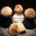 Hot Selling Plain Knitted Women Winter Real Racoon Fur Pom Pom Beanie Hat Cap 1