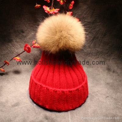 Hot Selling Plain Knitted Women Winter Real Racoon Fur Pom Pom Beanie Hat Cap 3