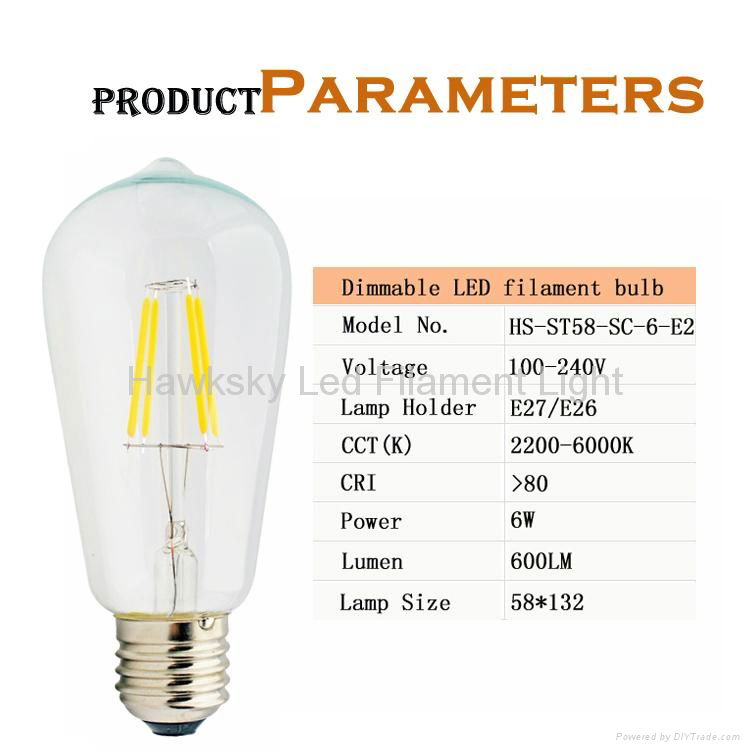 E27/E26 dimmable 4W 6W filament led bulb 4