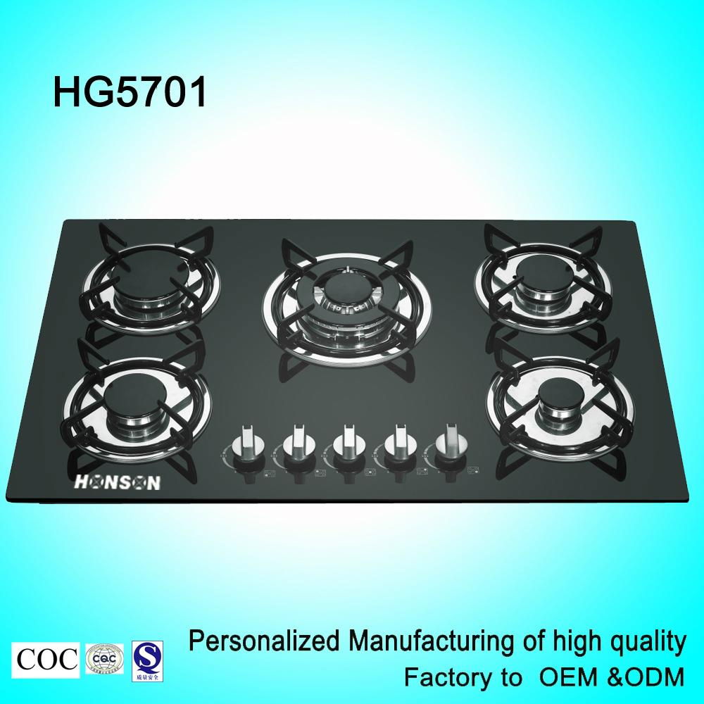 built-in 5 burners black tempered glass gas stove 