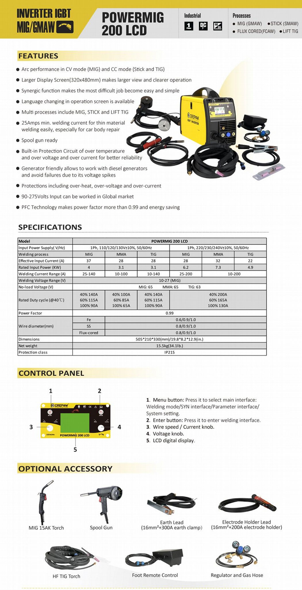 Crepow POWERMIG200LCD Inverter Multi Function MIG/STICK/ TIG with LCD 5