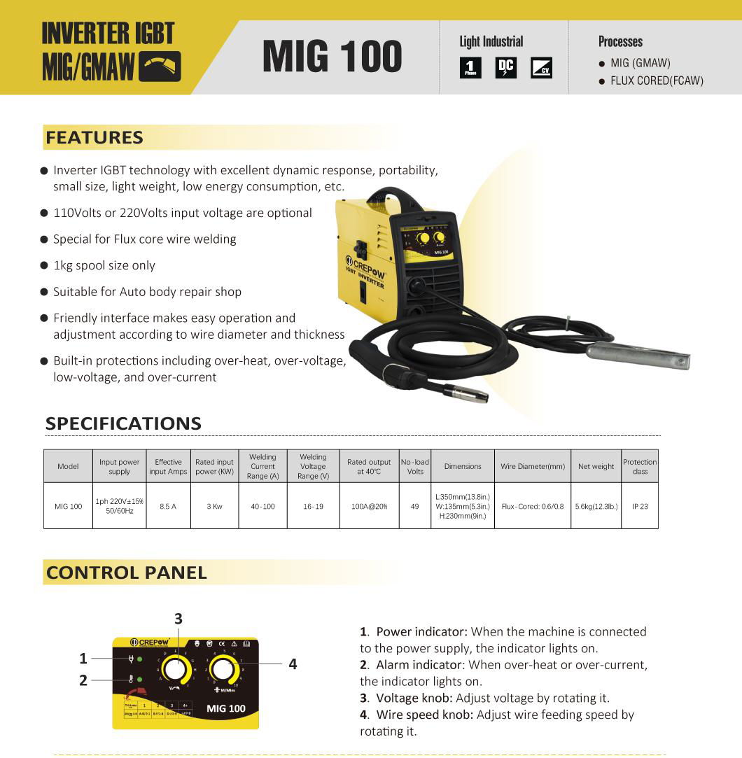 Crepow MIG100 Portable Gasless MIG welder with D100 wire spool size 5