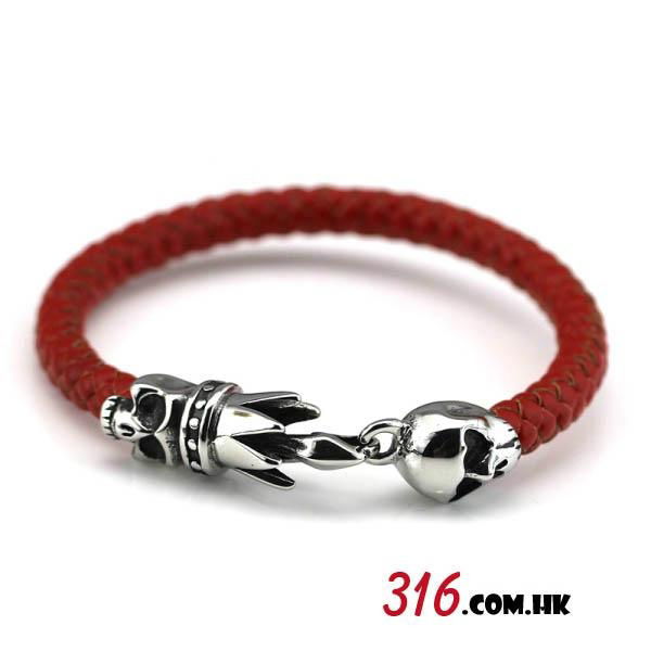 Mens Braided Red Leather Bracelet with Stainless Steel Skull Charms