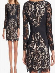 Long Sleeve Crochet Lace Panel Bodycon Pencil Dress