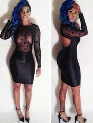 Dot Flock Mesh Panel Bandage Bodycon Dress