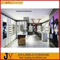 optical store design with wooden eyewear display rack