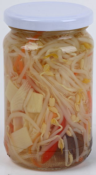glass bottled soy bean sprout mixed with vegetables