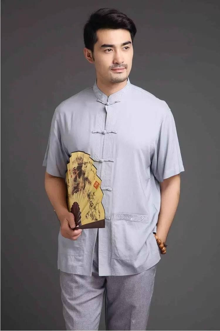 中国风男士唐装中老年立领短袖男上衣标准中式民族服装夏亚麻衬衫