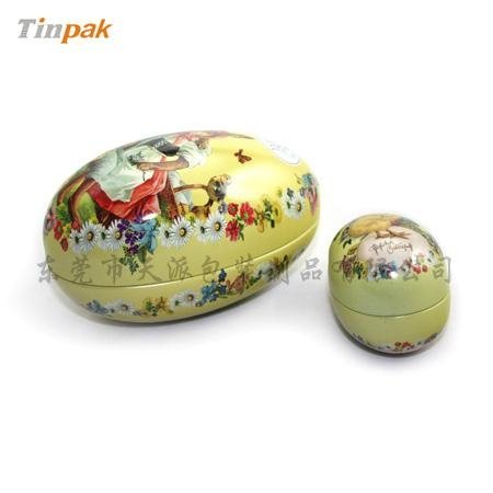 decorated egg-shaped Easter tin box