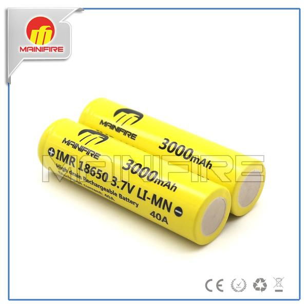 Flat top high drain high current Mainifire imr18650 3000mah 40a 3.7v rechargeabl 3