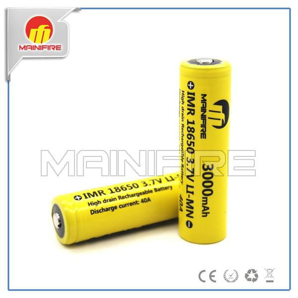 Button top best quality Mainifire 18650 40A 3000mah yellow battery for ego e cig 3