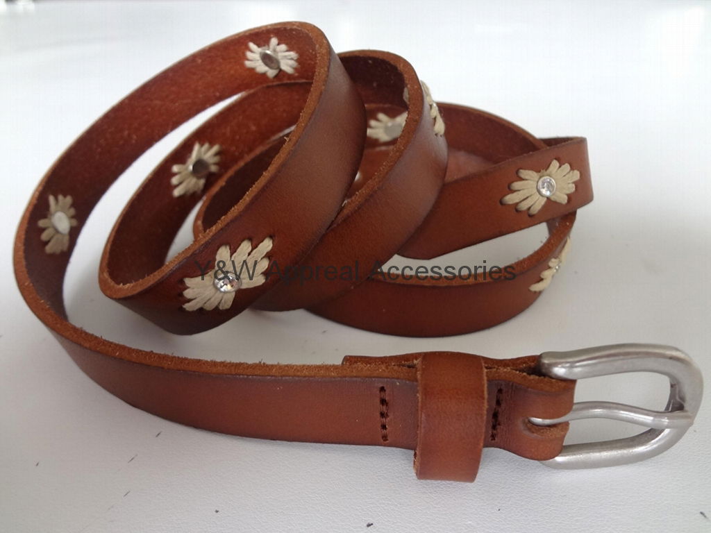 Lady Skinny Corded Leather Belt, shiny rhinestone rivets, 100% LEAHTER