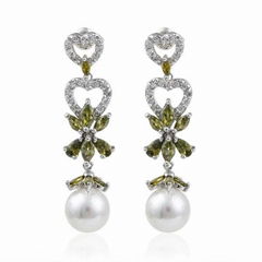 Pearl zircon stud earrings with long drop