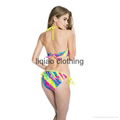 New Palm Print 1/2 Cup Bandeau Top Bikini Set with Neon Yellow Ties at Neck and  1