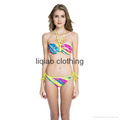 New Palm Print 1/2 Cup Bandeau Top Bikini Set with Neon Yellow Ties at Neck and  2