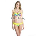 Palm Print Push-Up Bandeau Bikini Set with Ruffle Details at Top and Bottom 2