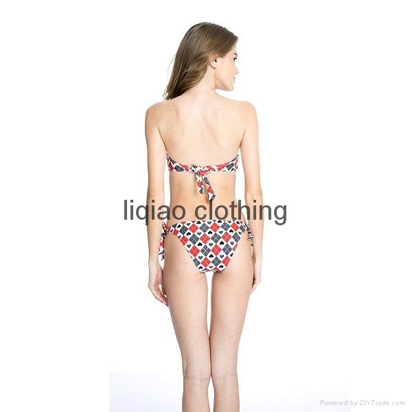 Geometric Print Swimsuit - Red Diamond Pattern “V” Wire Strapless Bandeau Bikini 2