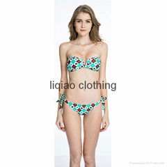  Geometric Print Swimsuit - Green Diamond Pattern “V” Wire Strapless Bandeau Bik