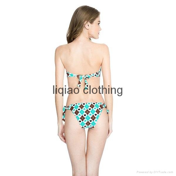  Geometric Print Swimsuit - Green Diamond Pattern “V” Wire Strapless Bandeau Bik 2