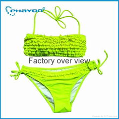 2015 soft pad halter neck  bandeau ruffled neon tie bikini