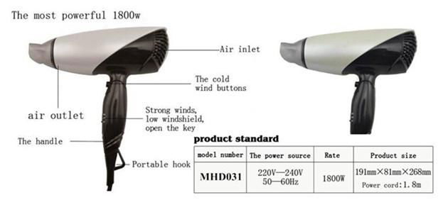 Foldable dual voltage hair dryer with diffuser 2