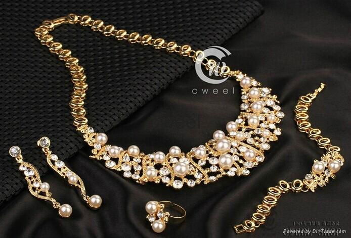 New 18 k Gold pearl austrian Crystal Necklace Bracelet Earring Ring Jewelry Set 2