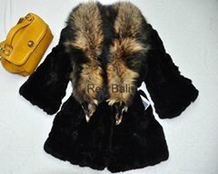 100% fur natural rex rabbit fur coat raccoon fur collar coat