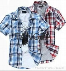  Men short sleeved plaid shirt men washed cotton shirts cheap