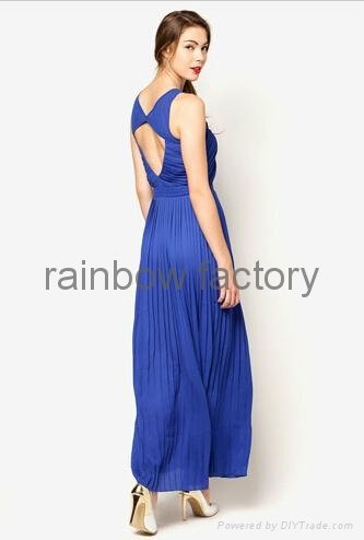 Fashion Dress Design Blue Sleeveless Pleated Long Maxi Dress 4