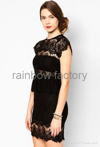 New Ladies Dress Cap Sleeve Black Lace Peplum Plus Size Dress 2