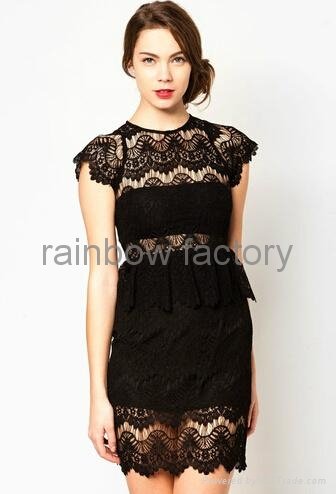 New Ladies Dress Cap Sleeve Black Lace Peplum Plus Size Dress