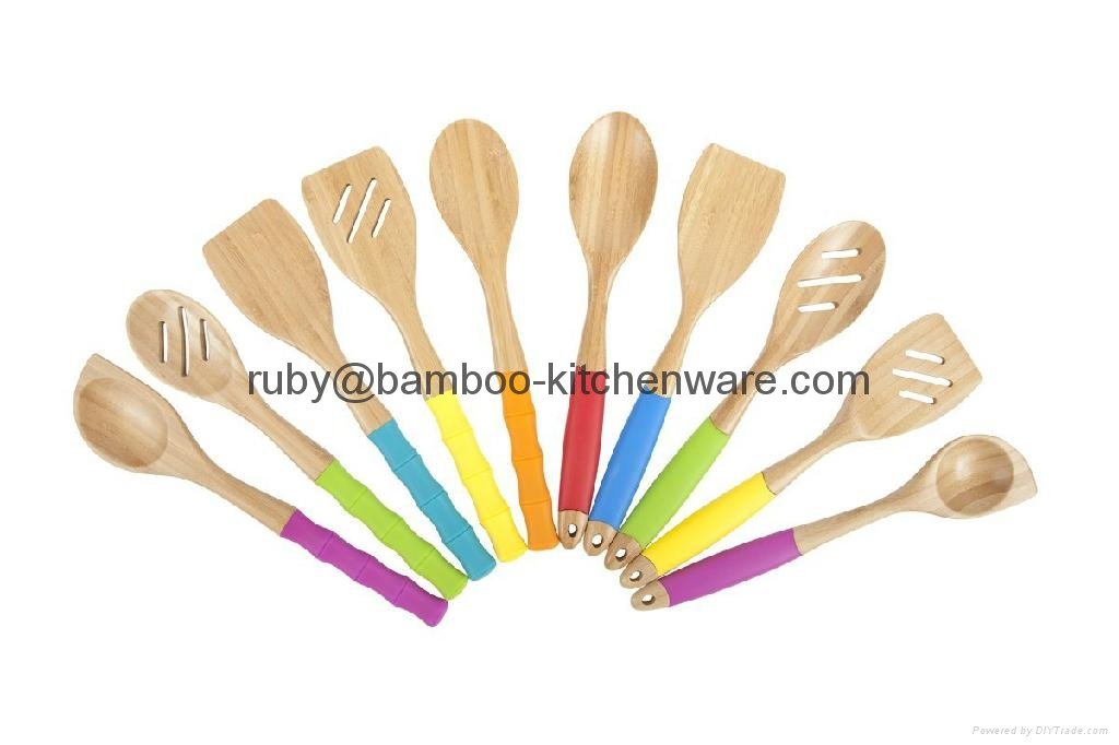  Kitchen Bamboo Silicone Color Utensil Spatula Tools
