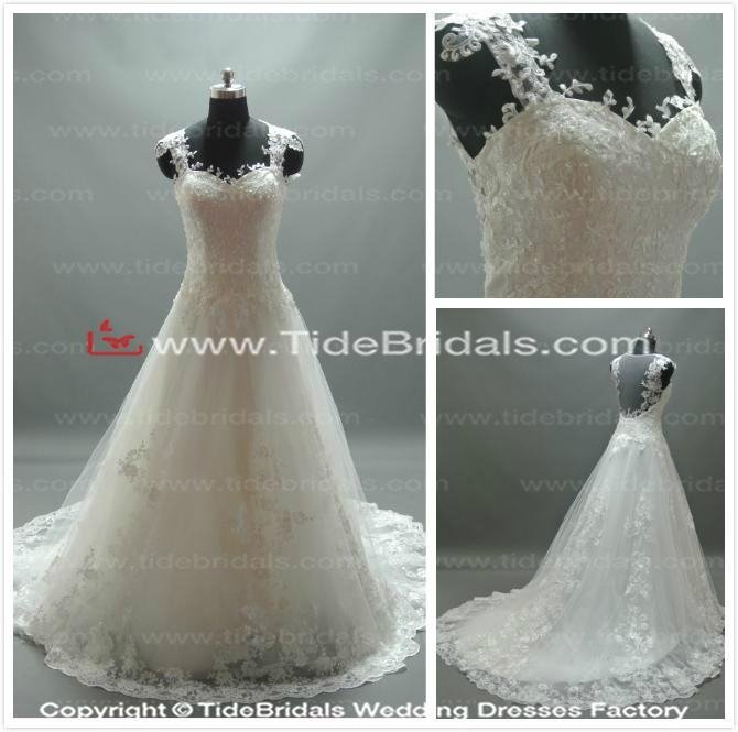 2014 cap sleeve sheer back appliques and lace ball gown wedding dress 