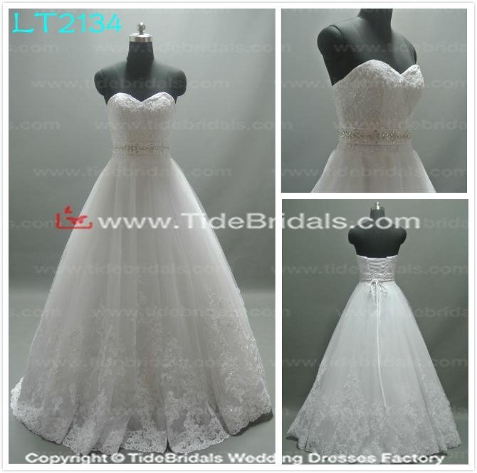 2014 new design ball gowns beaded waistline lace wedding dresses