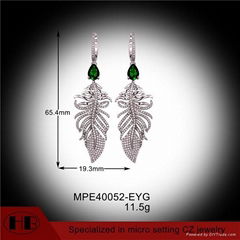 Emerald Micro Pave Zirconia Silver Plated Feather Earrings