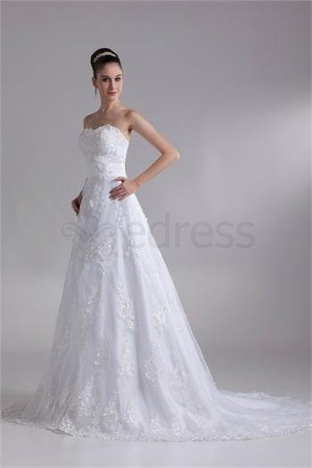 A-Line Sleeveless Sweetheart Satin Lace Wedding Dresses 2