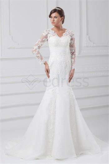 V-neck Long Sleeve Satin Organza Mermaid/Trumpet Wedding Dresses 