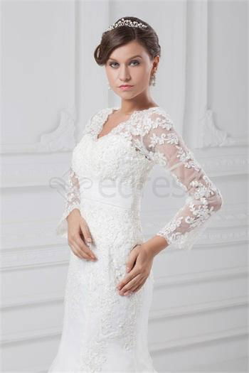 V-neck Long Sleeve Satin Organza Mermaid/Trumpet Wedding Dresses  3