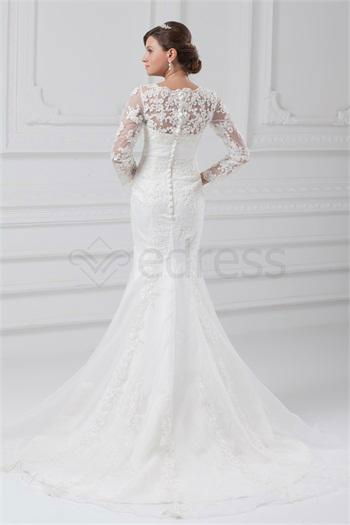 V-neck Long Sleeve Satin Organza Mermaid/Trumpet Wedding Dresses  5