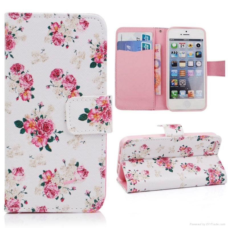 PU Leather Wallet Stand Flip Case with Beautiful Flowers for 5.5
