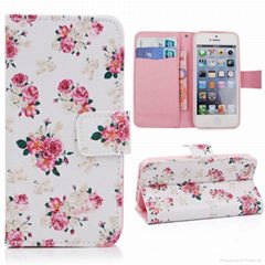 PU Leather Wallet Stand Flip Case with Beautiful Flowers for 5.5