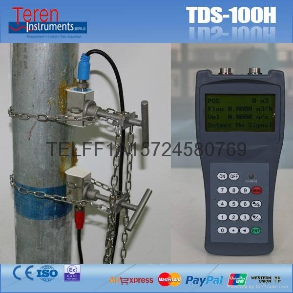 Portable ultrasonic water flow meter with clamp on sensor 