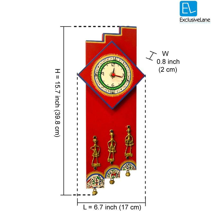 Warli Handpainted and Dhokra Work Zigzag Clock 16*7 Inch Red