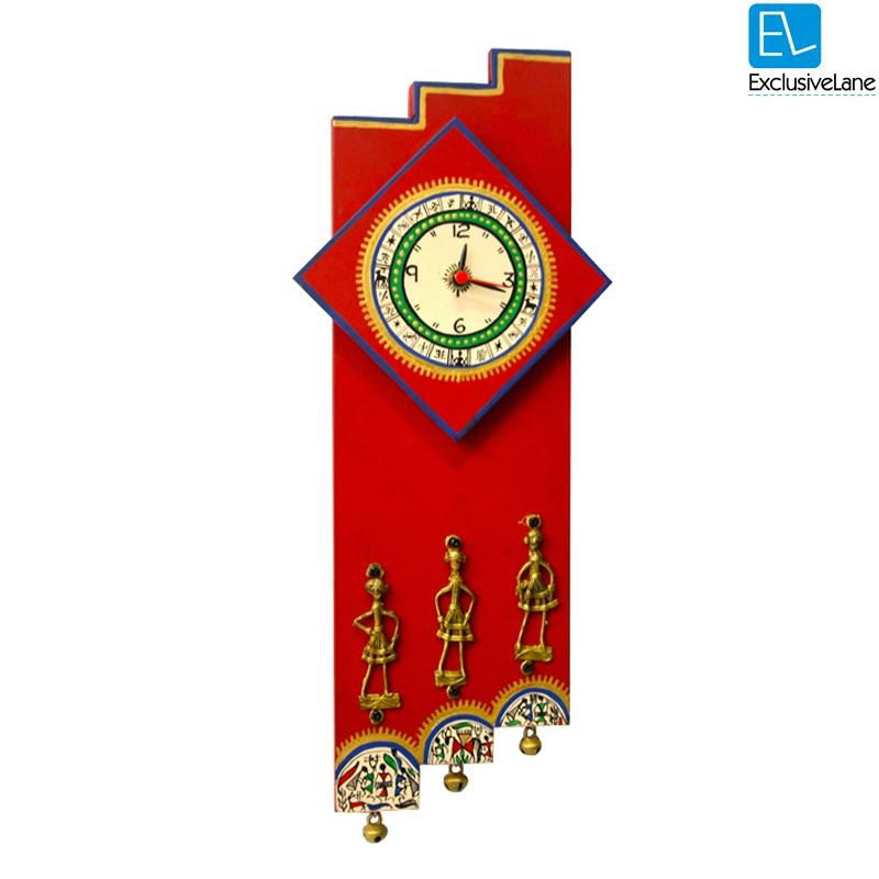 Warli Handpainted and Dhokra Work Zigzag Clock 16*7 Inch Red 3