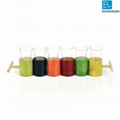 Vodka Shot Glasses With Multicoloured Antique Bamboo Holder Set Of 6