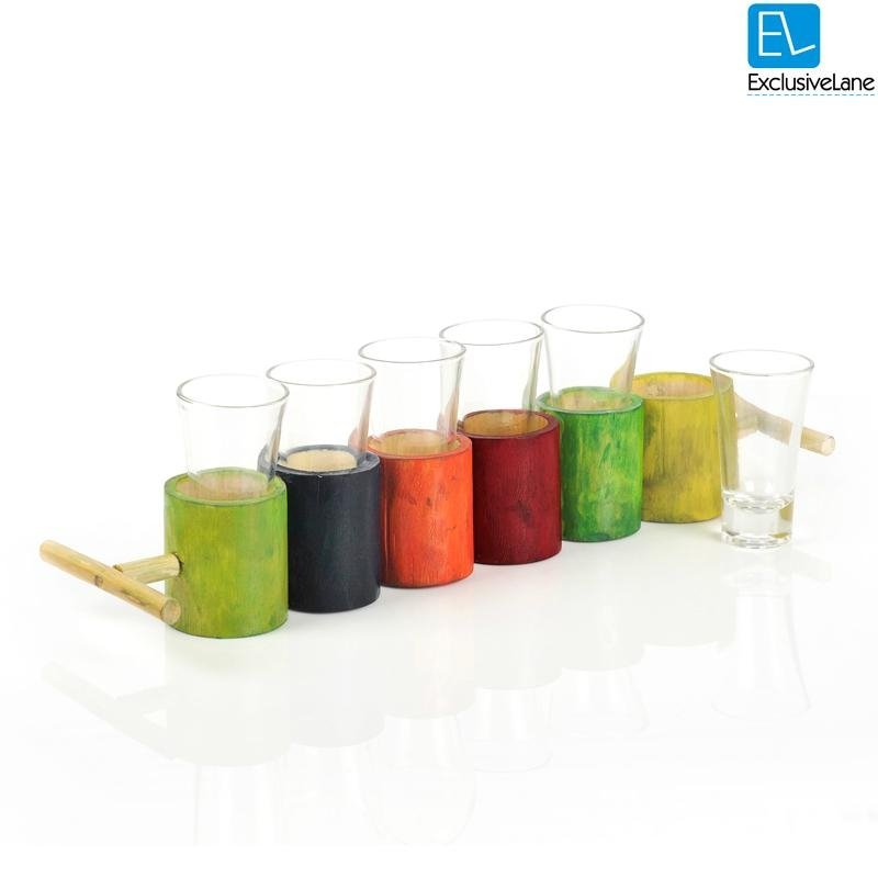 Vodka Shot Glasses With Multicoloured Antique Bamboo Holder Set Of 6 2